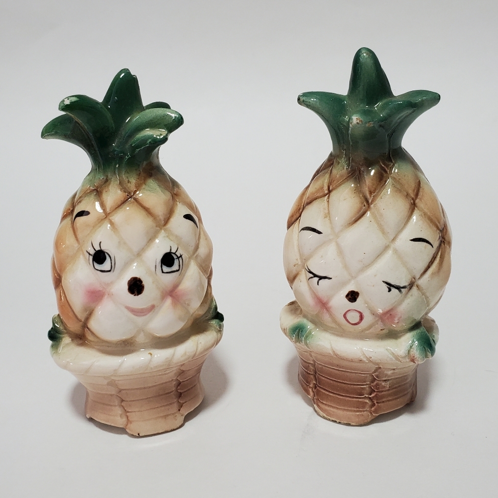Vintage Anthromorphic Pineapple Salt and Pepper Shakers Smiling Winking Faces